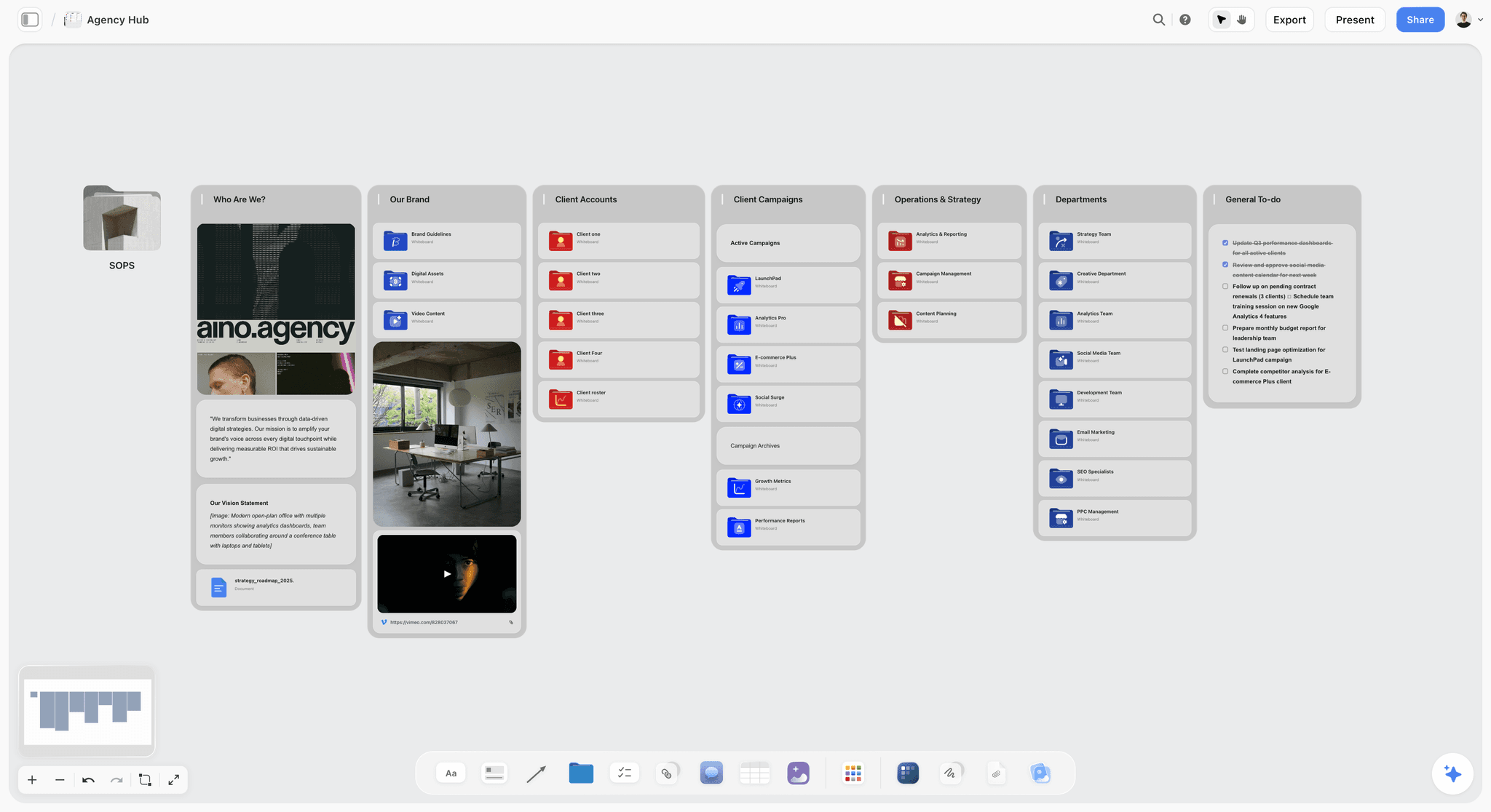 Storyflow Agency Hub whiteboard with project cards, briefs, and AI-assisted brainstorming